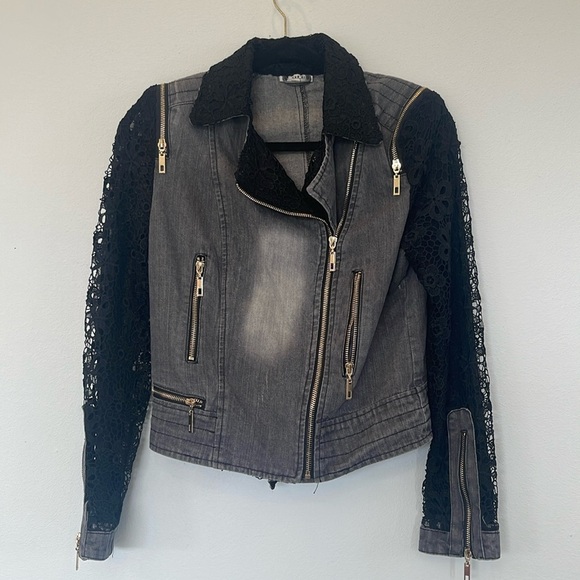 Jackets & Blazers - Paris Hues Black Denim & Lace Moto Jacket Cropped Size Small